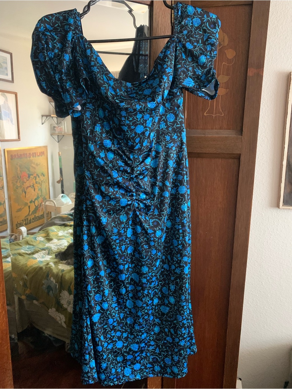 Blue Floral Puff-Sleeve Midi Dress - Brand Unspecified